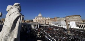 A packed Saint Peter's Square at the Vatican where Pope Benedict XVI holds his last general audience, 