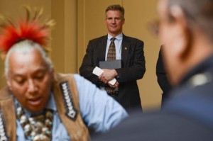 Former Senator Scott Brown watches a Pequot tribal drum ritual