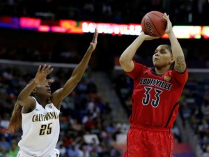 Louisville's Monique Reed shoots over Cal's Gennifer Brandon in the semifinal game Sunday